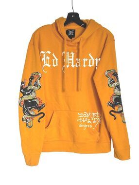 Ed Hardy Mustard Yellow Graphic Hoodie Snake Tattoo Pullover Y2K Streetwear -S